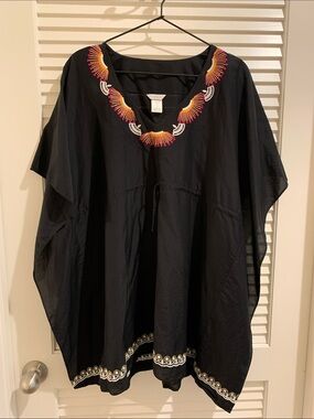 Trina Turk Embroidered Silk Cotton Black Short Caftan Swim Cover Up Size M